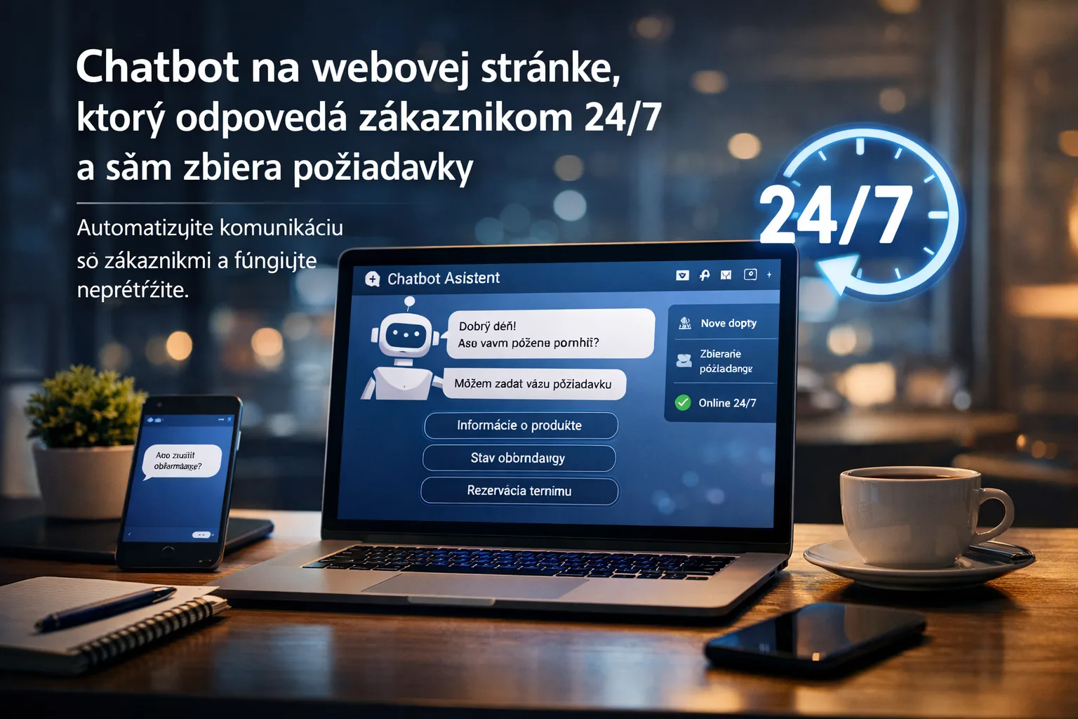 Chatbot na webovej stránke, ktorý odpovedá zákazníkom 24/7 a sám zbiera požiadavky